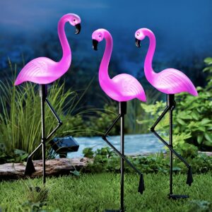 Conjunto de 3 Luzes Solares de Flamingos, Decoração de Pátio com Flamingos para Exterior, Estacas de Flamingos à Energia Solar, Decorações Decorativas para Jardim e Quintal