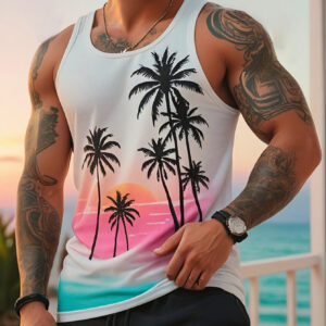 Camiseta de tanque de praia elegante para homem com design de palmeira moderno. Impressão digital de qualidade premium.