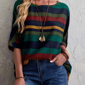 Blusa solta de manga curta até o cotovelo, com bloco de cores, para primavera e verão, roupa feminina