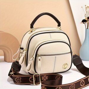 Mala a tiracolo em pele sintética para mulher – Bolsa de ombro multi-compartimento em bege elegante com alça ajustável, fecho de correr e forro de poliéster para uso diário, bolsa de ombro diária | Design sofisticado | Perseguimento de pele sintética
