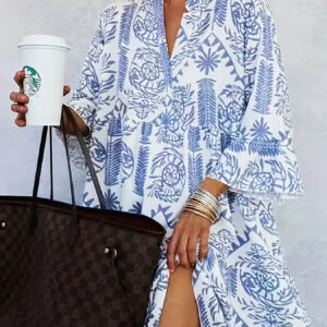 Novo Vestido Camisa de Sete Mangas Feminino Solto e Elegante para Férias, Tamanho Grande