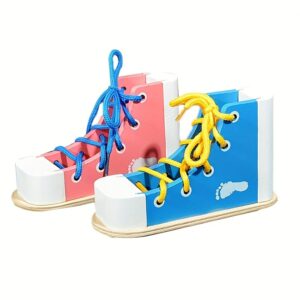 Auxílios de ensino para crianças na pré-escola, brinquedos de enfiar sapatos de madeira, melhoria de habilidades de vida com modelos de sapatos realistas para brincar.