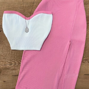 Conjunto de Verão Sexy e Elegante com Top Justo Sem Ombros + Saia Acabada