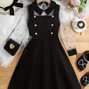 Vestido midi elegante para meninas com sobreposição de malha, mangas compridas, cor sólida, poliéster 100%, não elástico, ajuste regular, moda de verão, botões falsos, bainha flare, adolescente – HWMFSNHFZ