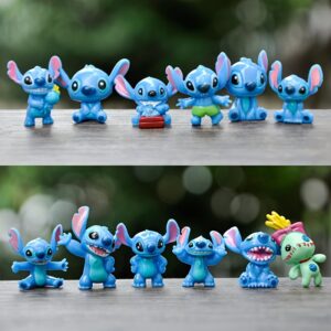Conjunto de 12 figuras de ação do Stitch da Disney, brinquedo coletível em miniatura de anime azul, decoração de festa em casa de plástico, presente de Natal ideal