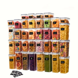 24 etiquetas de armazenamento de alimentos empilháveis com cores codificadas e tampas transparentes – Reutilizáveis e à prova de água, ideais para a organização da cozinha e da despensa de especiarias, ervas, snacks – Inclui caneta marcadora branca (não incluída no recipiente), Organização da despensa | Etiquetas transparentes | Etiquetas à prova de água