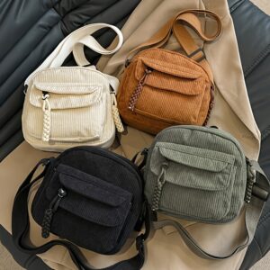 Bolsa Vintage Harajuku de Veludo Cotelê, Bolsa de Ombro Casual Estilo Japonês com Fecho de Zíper, Estampa Listrada, Forro de Poliéster, Unissex – Preto, Branco, Verde, Marrom Claro