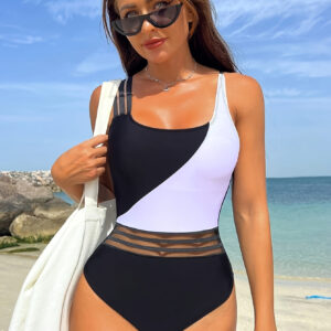 Elegante Maiô de Uma Peça para Mulheres com Almofadas Removíveis – Alta Elasticidade, Decote Quadrado, Detalhe em Malha, Lavável à Máquina