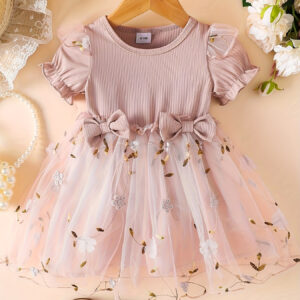 Vestido casual infantil charmoso e saia de malha com detalhe de laço – Conjunto de verão doce para jovens, cor sólida, tecido não elástico, ajuste regular