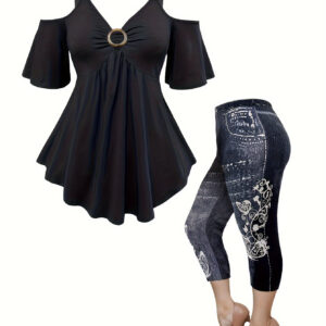 Conjunto de leggings elegantes tamanho grande, top sólido com ombros de fora e anel decorativo & leggings capri estampadas, roupas tamanho grande para mulheres