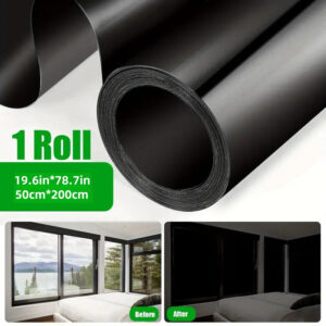 Rolo de Película Blackout para Janelas PET 49,78×199,9cm – Película de Privacidade com Bloqueio de Luz 100%, Eletrostática, Proteção UV, Película de Escurecimento de Ambiente para Vários Tamanhos de Janelas – 1 Rolo