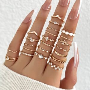 Conjunto de 23 Anéis Elegantes e Sexy em Tons Dourados – Liga com Detalhes em Strass, Apresentando Desenhos de Olho, Lua, Onda & Geométricos – Anéis de Empilhamento Versáteis para Uso Diário e de Férias