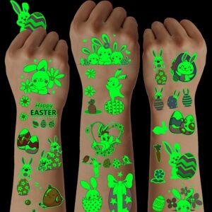 12 Folhas de Adesivos Temporários para Tatuagem que Brilham no Escuro para Páscoa – Desenhos de Coelho, Ovo, Pintinho e Florais para Encher Cestas, Lembrancinhas de Festa & Caça aos Ovos, Decorações de Celebração da Primavera, Adesivos de Coelhos