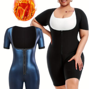 Macacão de suor com zíper de manga curta Plus Size para mulheres para corrida, fitness e yoga, modelador de corpo, túnica, levanta bumbum, conjunto de moletom.