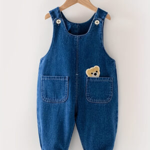 Conjunto de Overalls de Sarja para Crianças, Modelo Casual com Detalhe de Bolso de Animal, Mistura de Algodão (40% Algodão, 38% Poliéster, 19,6% Viscose, 1,6% Elastano), Tecido Não Elástico, Estação Primavera/Outono, Macacão Unissex para Bebê, para Uso Externo