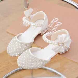 Sapatos de cristal com pérolas para bebês meninas, elegantes sapatos de salto alto de princesa com laços, sapatos de dança modernos para meninas, sapatos brancos elegantes para casamentos.