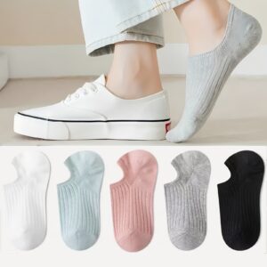 5pcs Meias Elegantes Femininas Invisíveis – Macias e Confortáveis de Mistura de Poliéster, Textura Canelada, Versáteis para Todas as Estações, Disponíveis em Branco, Cinza Claro, Rosa, Cinza Escuro, Preto, Meias Fofas