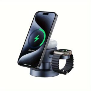 Estação de Carregamento Sem Fio TIMESS 4-em-1 com Conector Magnético – USB Tipo-C, para iPhone 15/14/13/12/11/X Pro Max, Relógio & para Airpods 3/2/1/Pro – Luzes LED Multicoloridas, Alimentado por USB, Estação de Carregamento, Não Requer Bateria