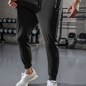 Calças compridas masculinas para primavera e verão com bolsos com fecho, cordão, sensação fresca, elásticas e respiráveis, calças desportivas para corrida casual e fitness.