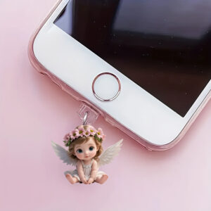 Enfeite de Pendurar Anjo Rosa – Tampão de Poeira Acrílico Multifuncional 2D, Capa Universal para Celular, Presente de Dia dos Namorados, Pingente Cintilante para iPhone/Type-C/Android, Vem com Acessórios Protetores para Celular, Adequado para Todos os Festivais