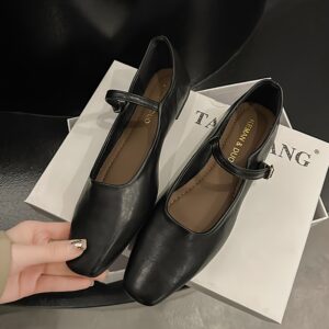 Sapatos femininos de cor sólida, elegantes com bico quadrado e fivela, sapatos leves e confortáveis