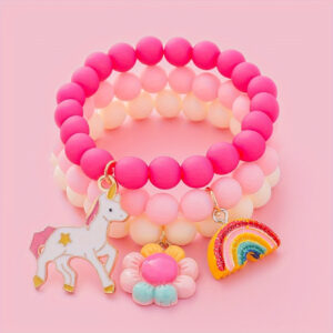 Conjunto de 3 pulseiras encantadoras de unicórnio, flor do sol e arco-íris com contas