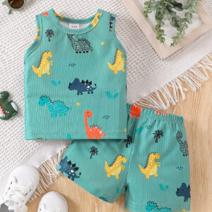 Conjunto de Verão para Meninos com Estampa de Dinossauro, Colete Sem Mangas e Calções