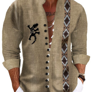 Camisa Casual Masculina com Colarinho Mandarim e Estampa de Totem de Lagarto, Poliéster 100%, Tecido Tricotado Não Elástico, Ajuste Regular, Detalhe de Botão, Vestuário de Festa e Noite para Todas as Estações