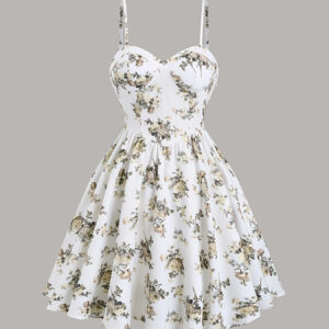 Vestido romântico e elegante com estampa de copo, adequado para encontros e passeios