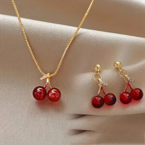 Conjunto de Joias Feminino Moda 3 Peças – Colar e Brincos com Pingente Cereja em Aço Inoxidável – Não Desbota – Ideal para Looks Casuais
