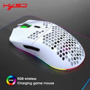 Mouse de Jogos Sem Fio HXSJ 2.4G com Iluminação RGB, Bateria Recarregável, Design de Colmeia, Plug & Play USB, Conforto para Destros – Branco, Mouse de Jogos Sem Fio