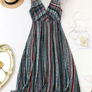 Vestido listrado de tamanho grande, Vestido sem mangas com decote em V para férias na primavera e verão, Roupas de tamanho grande para mulheres