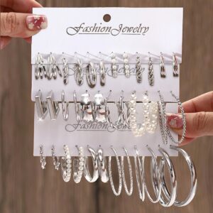 Conjunto de 12 Brincos de Argola Vintage Punk Geométricos & Estilo Bohemian com Detalhes de Pérola Falsa – Liga de Zinco, Pinos de Aço Inoxidável, Perfeitos para Uso Diário & Festas – Presente Ideal para Mulheres