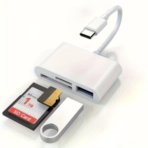 Leitor de cartão de memória SD USB C, 3 em 1, substituição quente, fácil de usar, sem bateria, compatível com iPhone 15 Pro iPad Mac MacBook Laptop Android, PC e acessórios para cartão SD