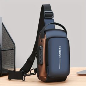 Bolsa Transversal Masculina em Tecido Oxford Durável – Bolsa de Peito Estilosa para Motocicleta com Bolso para Celular, Fecho de Zíper para o Dia a Dia, Azul & Preto