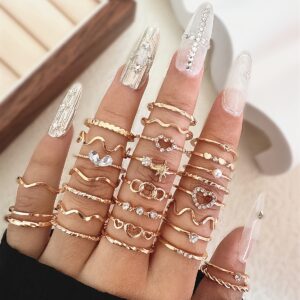 Conjunto de 28 Anéis Elegantes em Tom Dourado com Pérolas & Strass – Designs Chiques de Coração, Estrela & Infinito para Mulheres | Ideal para Uso Diário & Festas, Joias de Casamento