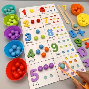 Quebra-cabeça de números de madeira e jogo de correspondência de contas com pinças para desenvolvimento de habilidades motoras finas – Brinquedo de contagem e classificação de cores multicolorido para maiores de 3 anos