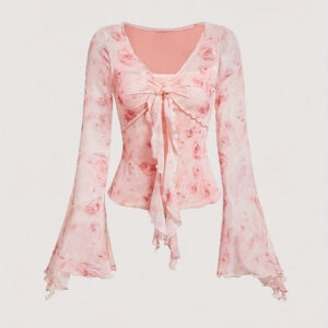 Camiseta com estampa floral e nó na frente, elegante top slim de manga longa com babados na barra para a primavera e outono, roupas femininas