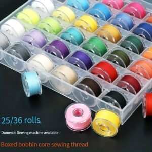 Conjunto de 25/36 peças de bobina com linha de costura, bobinas coloridas em caixa de 25/36 grades, substituição prática e simples de instalar para uso doméstico em máquina de costura.