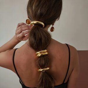 Conjunto de 3 peças de cordão de cabelo oco em liga dourada, design elegante e minimalista com detalhe de renda, cor sólida, para o festival de Natal, adequado para idades a partir de 14 anos.