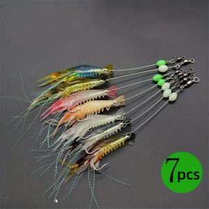 Conjunto de 7 iscas luminosas de camarão – Isca de pesca que brilha no escuro com anzóis e giradores – 8cm/3.15 polegadas – 5g