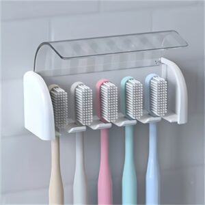 Porta-escovas de dentes de 5 slots com tampa, organizador de escovas de dentes autoadesivo de parede, acessório de banheiro de plástico para dormitório e chuveiro, comporta 5 escovas de dentes, não precisa de eletricidade