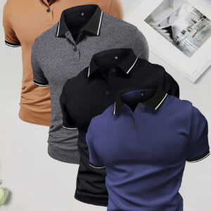 4-Pack de Camisas Polo Masculinas de Verão, Cor Lisa Manga Curta, Modelagem Regular, Tecido Malha, Poliéster 95%, Elastano 5%, Gola Lapela, Detalhe de Botões, Leve Elasticidade, Tops Esportivos Casuais