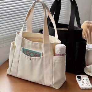 Design Espaçoso) Bolsa Tote de Lona de Grande Capacidade e Visualmente Atraente – Bolsa de Ombro Bege Elegante com Múltiplos Bolsos para o Trabalho & Essenciais Diários, Material de Tecido Durável