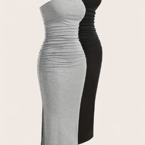 Conjunto de 2 vestidos midi bodycon de cor sólida para mulher, sexy sem mangas e sem costas, em tecido de malha elástica, 95% poliéster e 5% elastano, com ombros descobertos e abertura lateral, perfeito para a primavera/verão