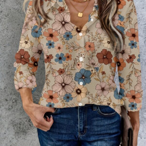 Camisa Casual De Manga Comprida Com Botões Frontais Florais Vintage Para Mulher