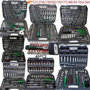 Conjunto de ferramentas de aço cromo vanádio YITOK 19/46/54/82/121/171/216 peças, kit de reparo multifuncional para automóveis e bicicletas com catraca, chave de torque, chaves, chaves de fenda, kit de manga – não requer bateria