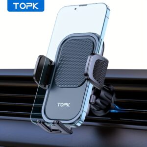 Suporte de Telefone para Carro à Prova D’Água TOPK, Formato Retangular, Material ABS, Rotação Ajustável 360°, com Clipe de Gancho para Saída de Ar do Carro