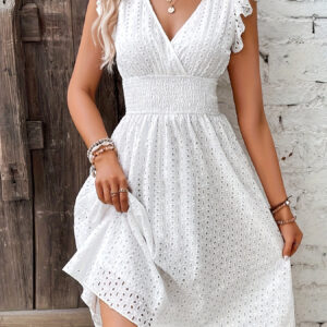 Vestido A-line com cintura franzida, Vestido de manga com babado e decote em V para primavera e verão, Roupas femininas para casamento, formatura, noivado, ocasião, festa, férias, aniversário