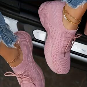 Sneakers Femininos Leves e Respiráveis – Confortáveis com Cadarço em Malha, Parte Superior de Malha Texturizada Rosa, Palmilha Acolchoada, Sola de PU Durável, Design Casual e Esportivo para Uso o Dia Todo, Sneakers Esportivos | Calçado Feminino | Sneakers com Parte Superior em Malha